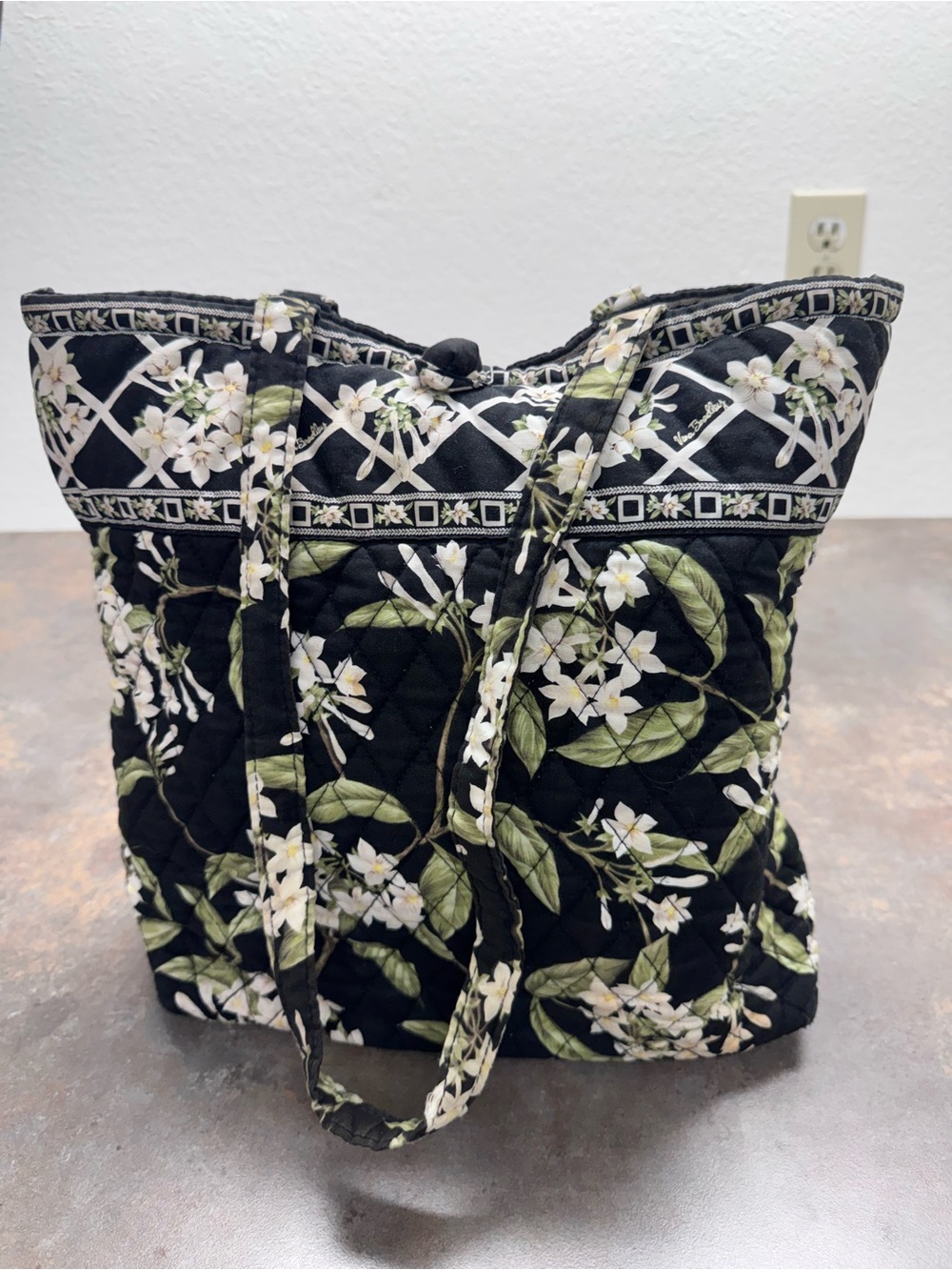 Vera Bradley Black Floral Quilted Tote with Green Leaves